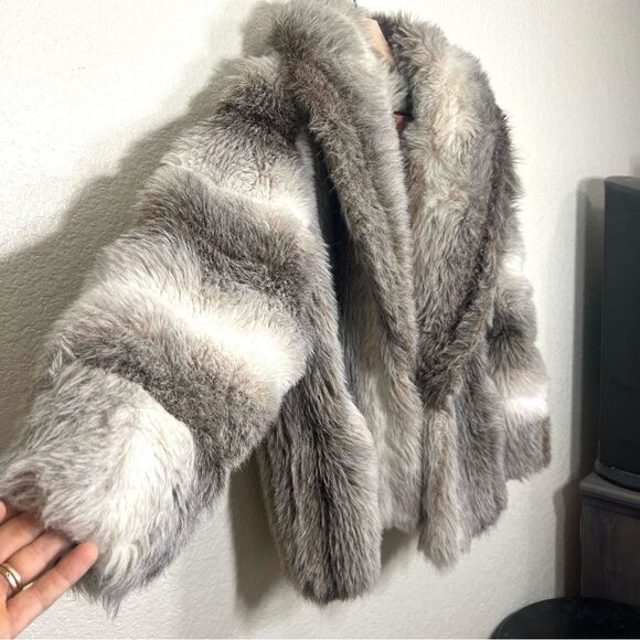 Vintage 80’s Faux Fur Coat Grey Cream White Pelted Jacket Mob Wife Size 14 - Picture 5 of 13